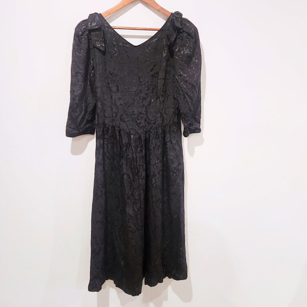 Lanz Salzburg Vintage Black Floral Jacquard Drop Waist Maxi Dress Size 12 80s